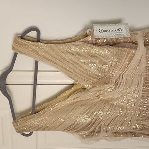 ✨️NWT Christina Wu Style 22754 Champagne Tulle Gold Sequin Dress Sz 28